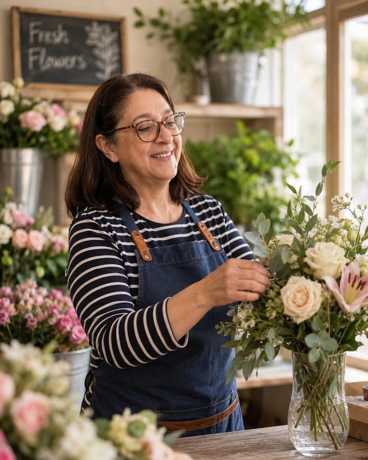Carmen preparando un jarrón de flores en Floristería Andrea
